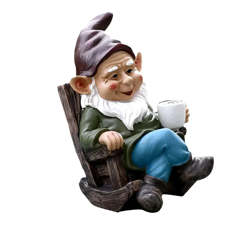 Drinking Coffee Gnome Figurines Dwarf Garden Gnome Rocking Chair Statue Lawn Yard Balcony Porch Patio Home Decor