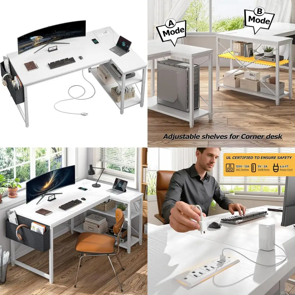 

Gaming Computer Desk 48 Inch L-Shaped with Storage, Side Bag, Power Outlets, Reversible Design