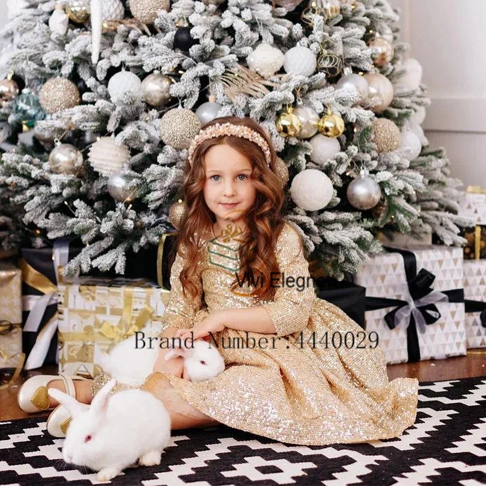 Customized Cute Gold Flower Girl Dresses Sequined Full Sleeve Wedding Party Gowns for Birthday New 2025 Summer فساتين اطفال ل