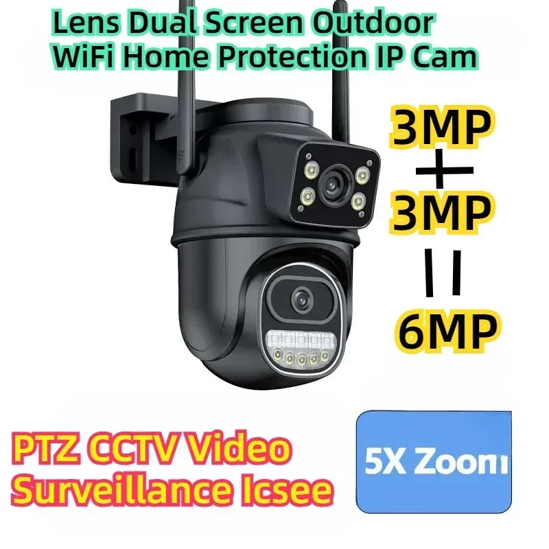 

6MP Security Camera 5X Zoom Lens Dual Screen Outdoor WiFi Home Protection IP Cam PTZ CCTV Video Surveillance Icsee