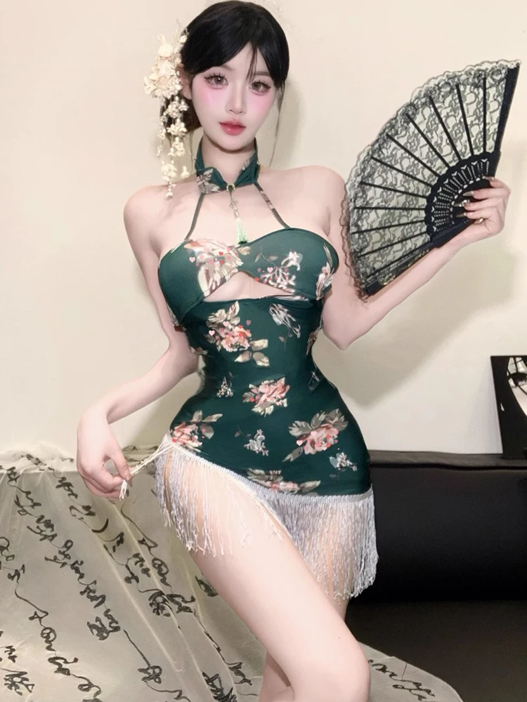 

Сексуальная ретро китайская юбка Qipao Dr на бретельках с бахромой, облегающая юбка Dr для женщин, осенний сезон, ночной клуб, отделка с принтом Dr