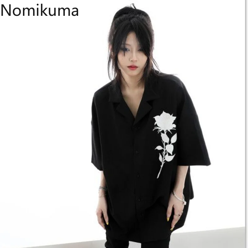 Nomikuma Blusas Para Mujer Summer Short Sleeve Contrast Color Flower Print Y2k Shirts for Women Street Harajuku Chemise Femme