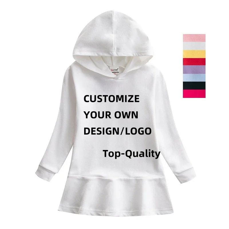 Children Kids Hooded Sweatshirt Dress with Ruffles Girls Cotton Mini Dress for Spring Autumn Blank White DIY Custom LOGO Image