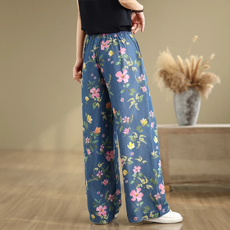 夏用超薄リヨセルデニムカジュアルハイウエストストレートレッグワイドレッグパンツレディースルーズフィットトラウザーズ万能ストレートパンツ...