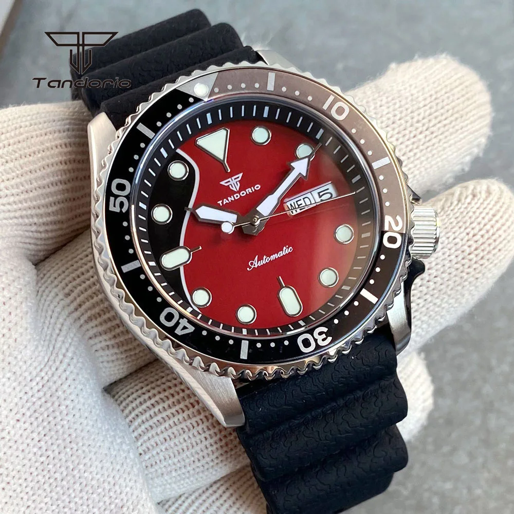 Tandorio Automatic NH36 Diver 41mm Men Watch Black/Red Dial Sapphire 20ATM Double Date Skx Style Stainless Steel Watches Lume