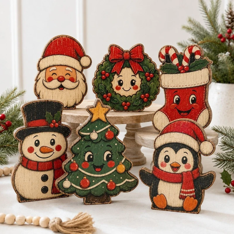 New Wooden Christmas Tray with Snowman – Vintage Distressed Tabletop Ornament, Rustic Home Decor for Holiday Season