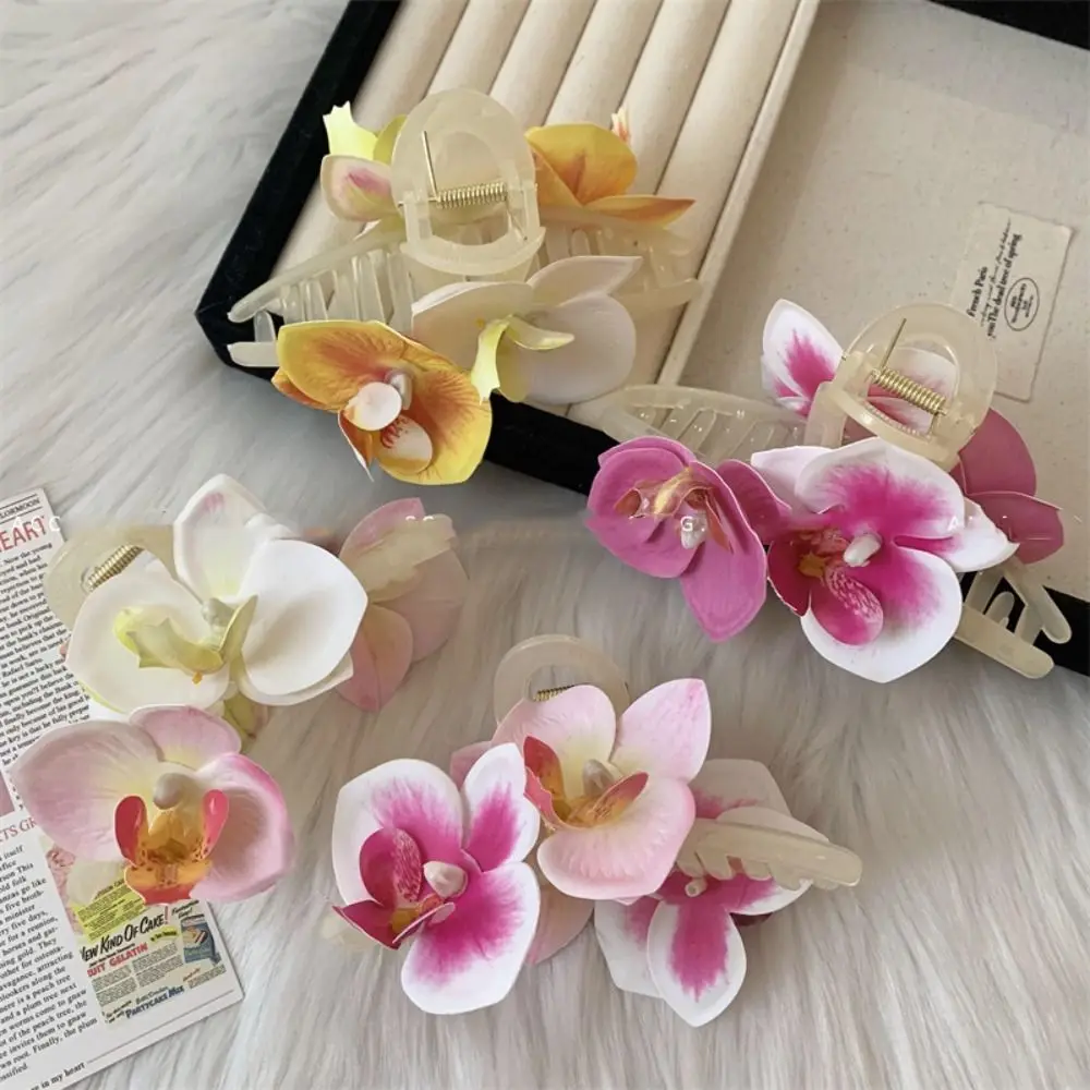 Cute Butterfly Orchid Flower Hair Claw Cloth Bohemia Barrettes Orchid Hair Clip Headdress Ponytail Clip Large Shark Clip Beach