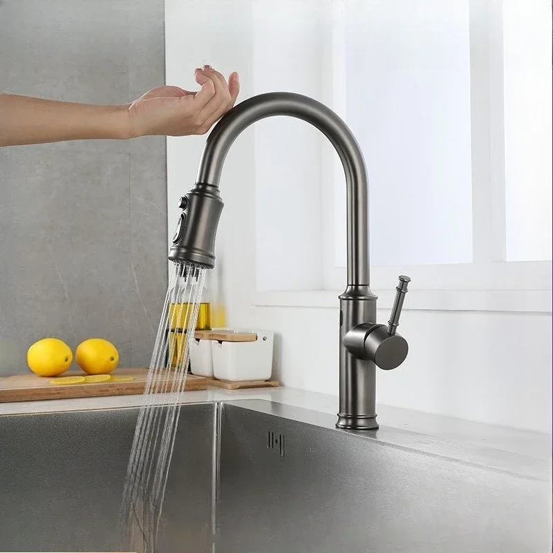 

Grey stainless steel kitchen touch pull-out dishwashing basin dual-control intelligent infrared hot and cold faucet