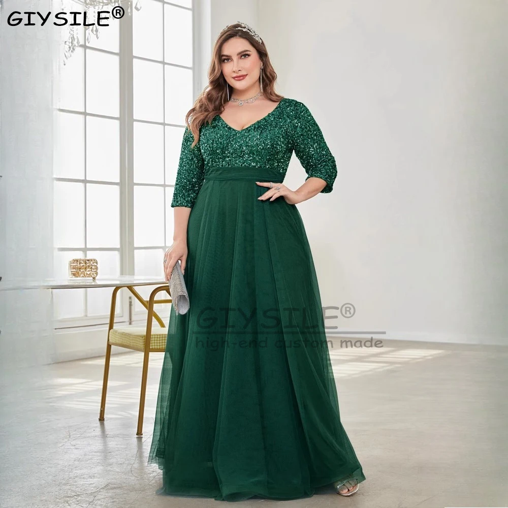 

GIYSILE Plus Size Luxury Floor Length V-Neck Evening Dresses 2025 Women Elegant Party Dress Sequins Half Sleeves Prom Dresses
