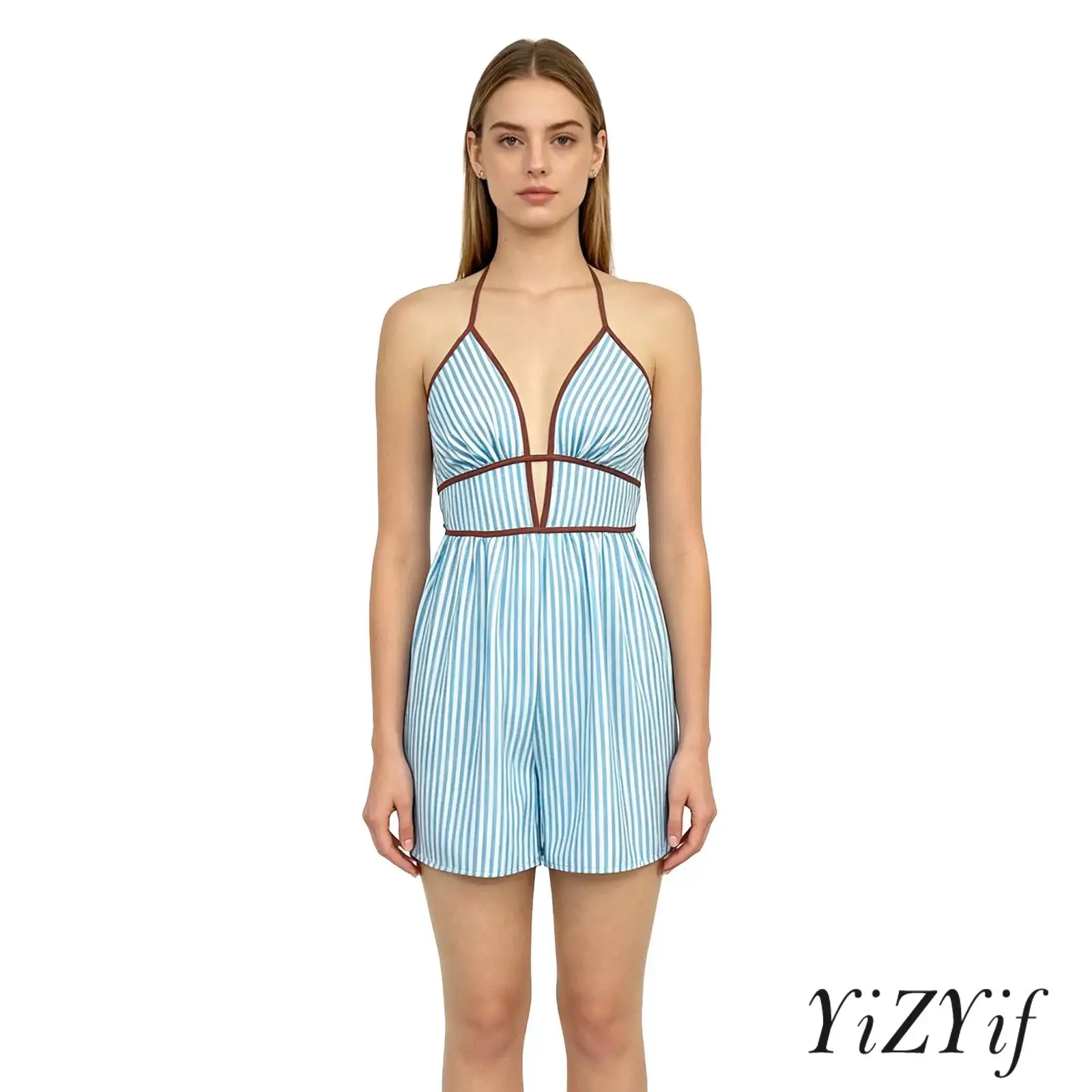 

Women Striped Short Rompers Halter V Neck Hollow Out Elastic Back High Waist Boyshorts Bottom Jumpsuit for Vacation Beach Travel
