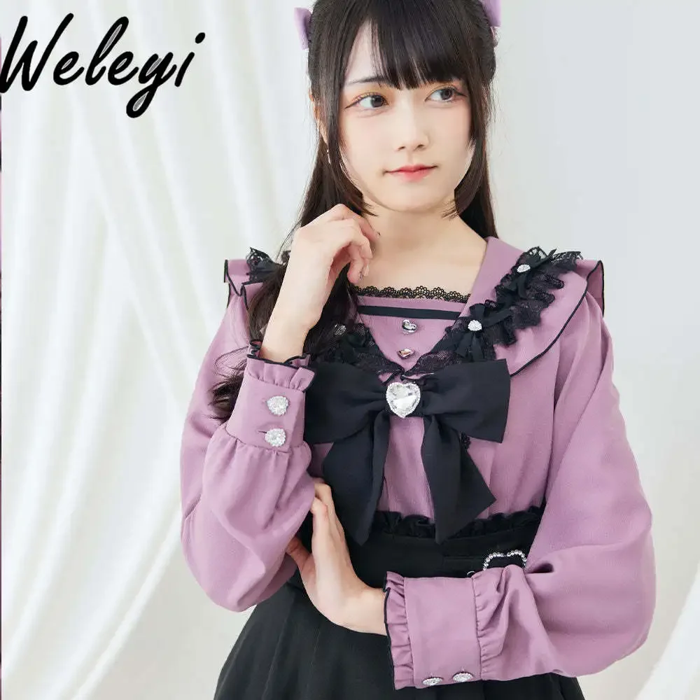 New Japanese Style Sweet Top Student Wear Lolita Sweet Long Sleeve Shirts Cute Girl Bow Love Diamond Lace Edge Shirt for Women