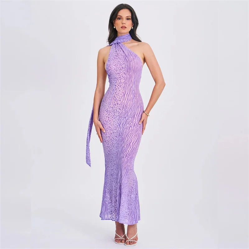 

Leopard Halter Ribbon Women's Long Prom Dress Net High Waist Backless Party Gown Purple Sleeveless Evening Dress Spicy Girl