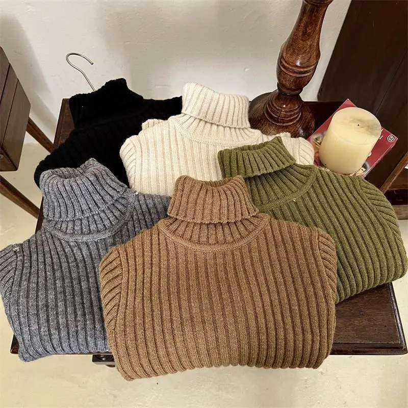 Children\'s Solid Color Bottoming Sweater 2023 Autumn and Winter New Girls Thickened Turtleneck Knit Sweater Baby Warm Inside