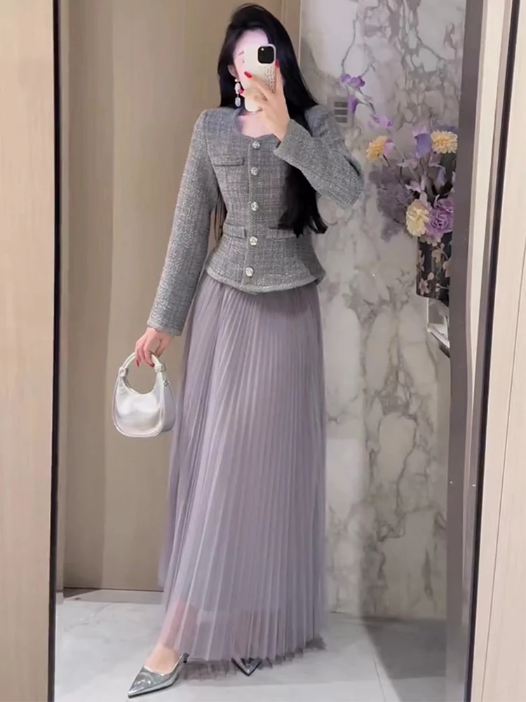 Fashion set 2025 new style temperament round neck coarse woolen top mesh skirt two-piece set elegant commuting set