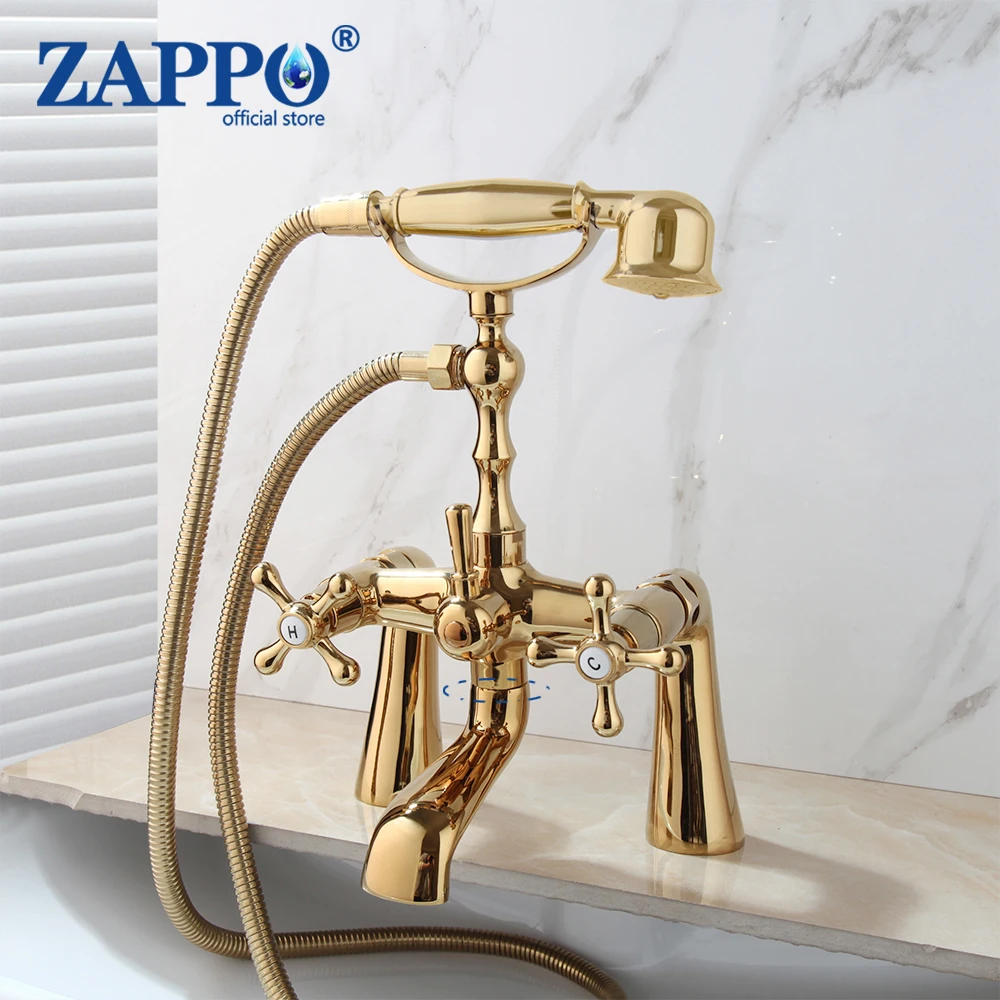 ZAPPO  Golden Bathtub Shower Set Deck Mounted Bathtub Faucet Bathroom Cold and Hot Bath Shower Mixer 180 Swivel Taps