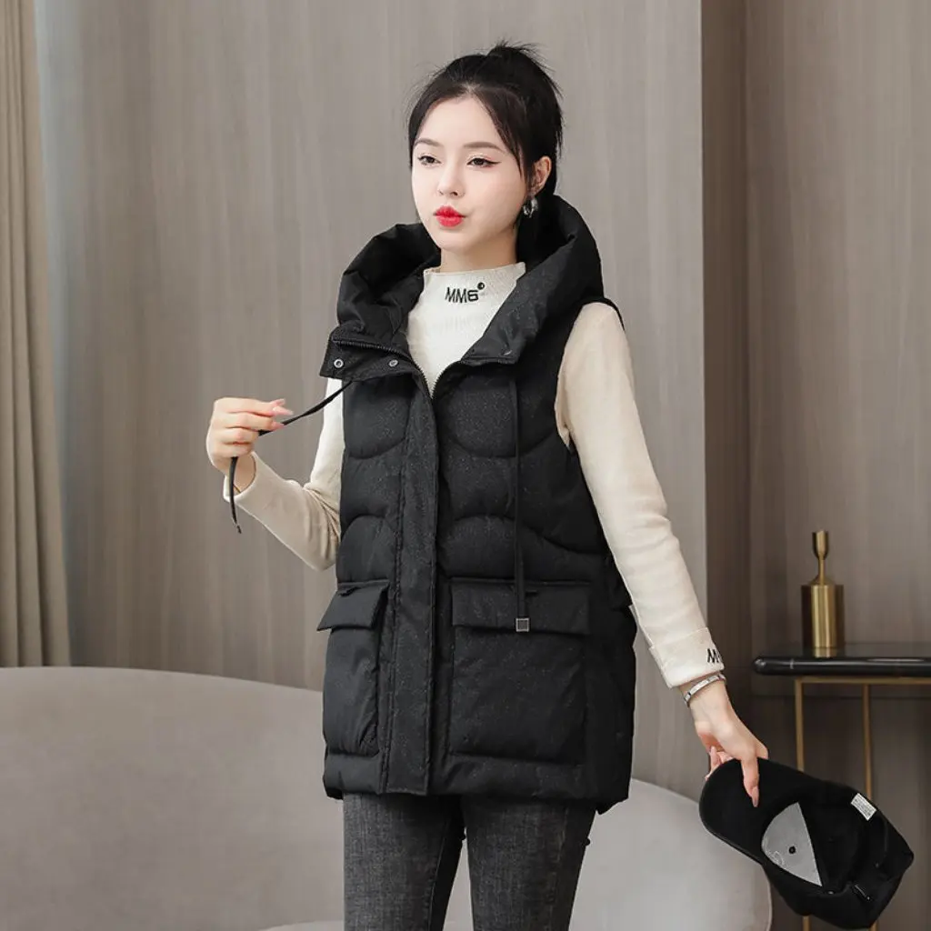 

Women's Bright Silk down Cotton Vest Korean Style Loose Hooded Waistcoat Autumn Winter Fashionable All-match Coat