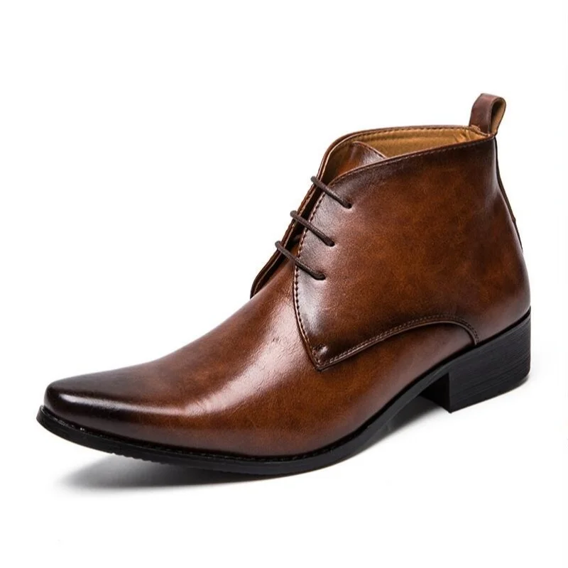 Leather Men Boots Business Casual Winter Autumn Lace-up Pointy Ankle Boot Male Fashion British Knight Boots Black Brown