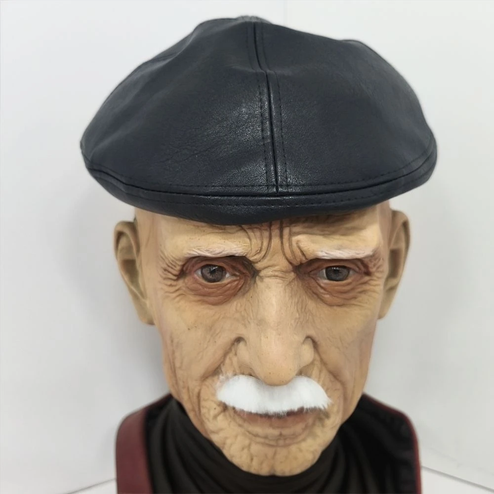 Männer realistische alte Mann Gesichtsmaske mit Baskenmütze Hut Halloween Kostüm Zubehör PU Leder Bart Mode Erwachsene Cosplay Gummi Maske – Detail 9