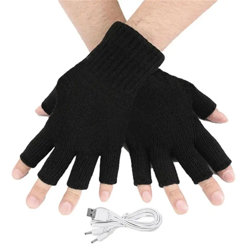 USB Heated Gloves Heating Knitting Hands Warm Gloves Mitten Half Fingerless Winter Hands Warmer Laptop Gloves For Women Men