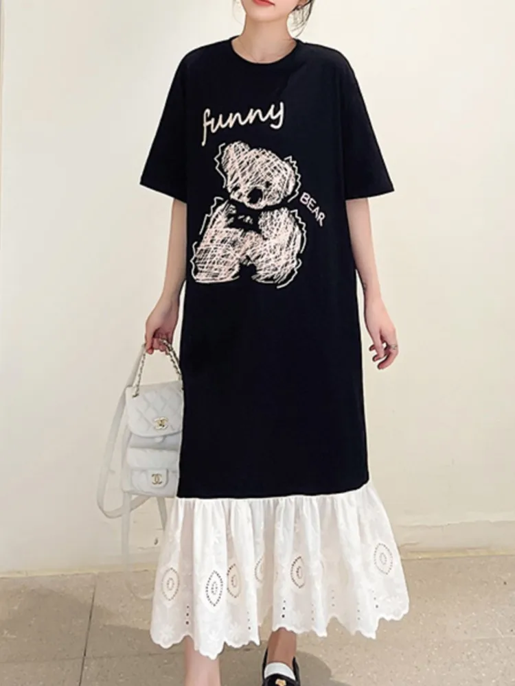 Primavera Verano mujer suelta talla grande camiseta vestido Casual Jacquard Patchwork señoras Vestidos