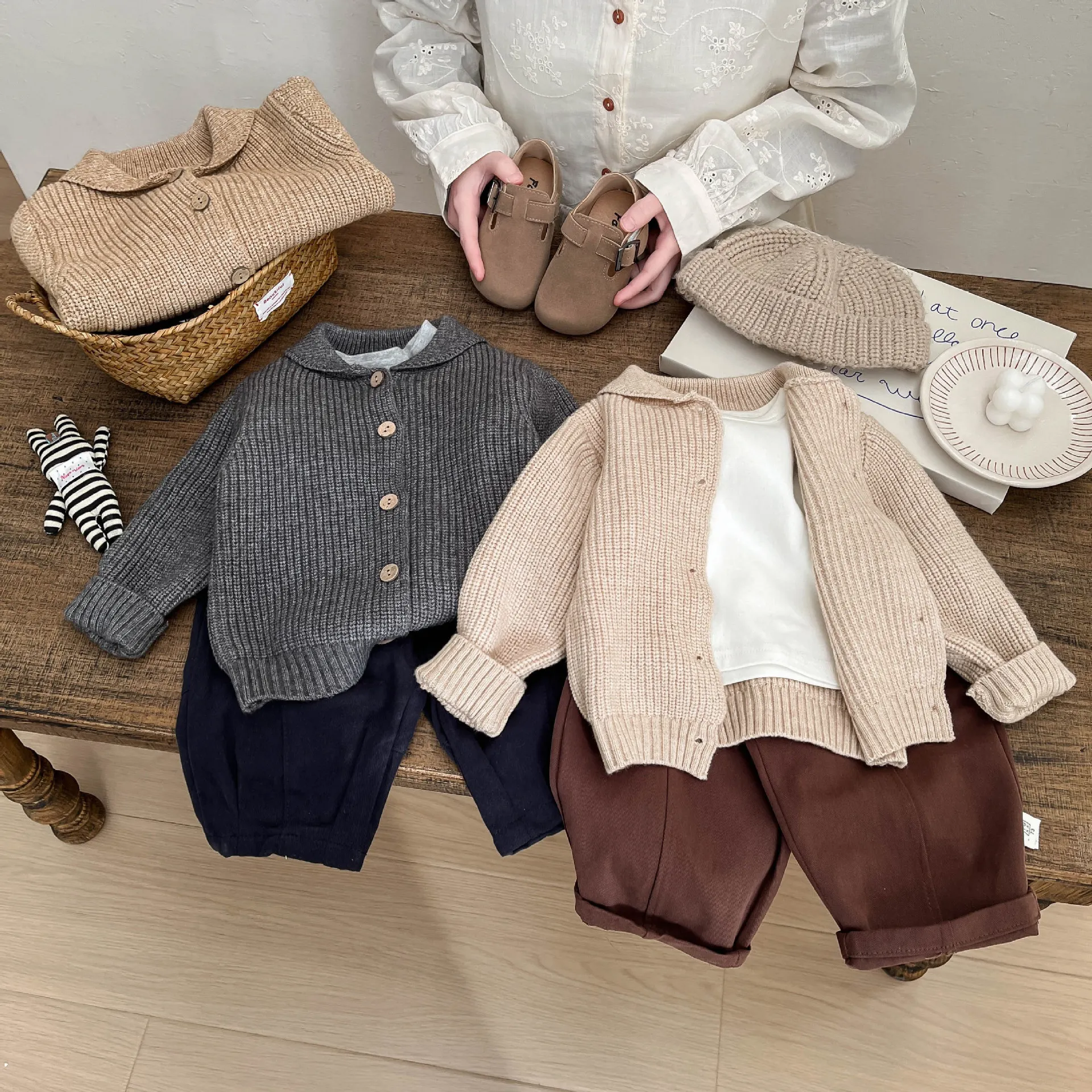 Korean Children's Sweater Spring and Autumn Boys' Baby Retro Fashion Solid Color Knitted Cardigan