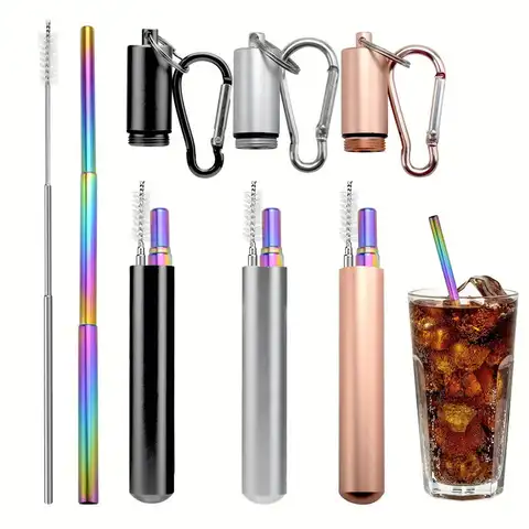 Reusable Telescopic Straw 304 Stainless Steel Metal Straw With Cleaning Brush Portable Drinking Straw Set For Travel With Case