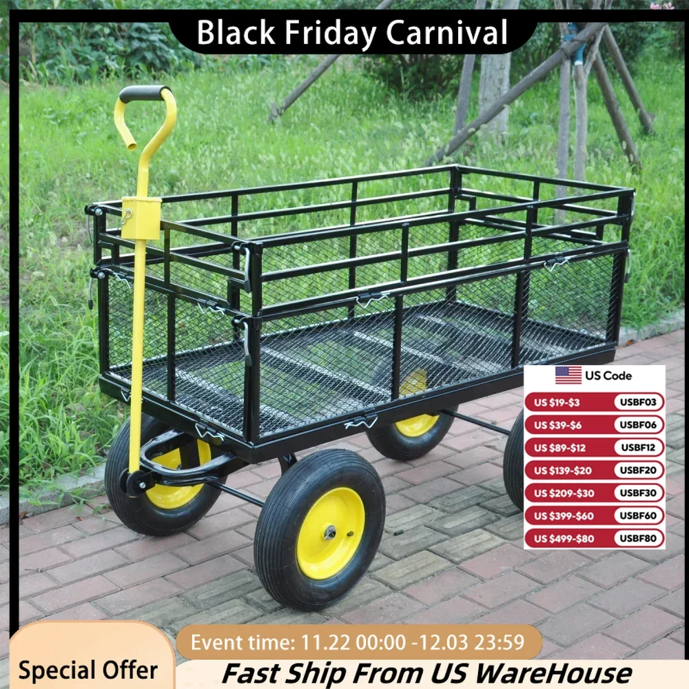 

Steel Garden Cart, 1100 Lbs Capacity, Convert Into Flatbed, for Garden, Farm, Yard，Utility Wagon with Pneumatic Tires