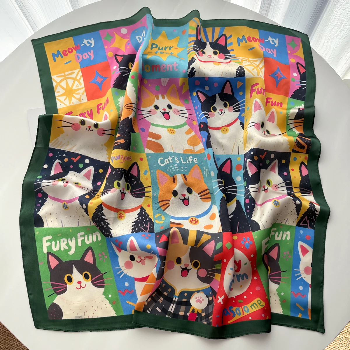 Imitação de seda lenço quadrado feminino animal gato impresso acessórios de moda hairband foualrd bandana neckercheif