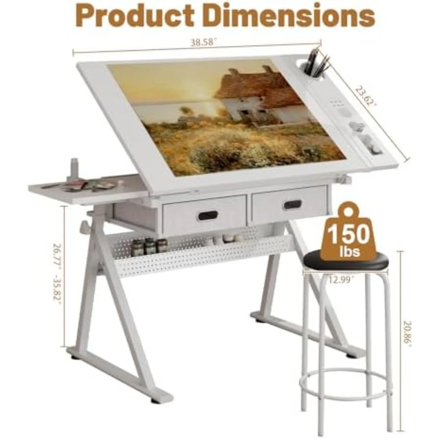 Drafting Table and Stool Set for Adults/Artists, Drawing Table with Adjustable Tabletop and Height, Art Workstation for