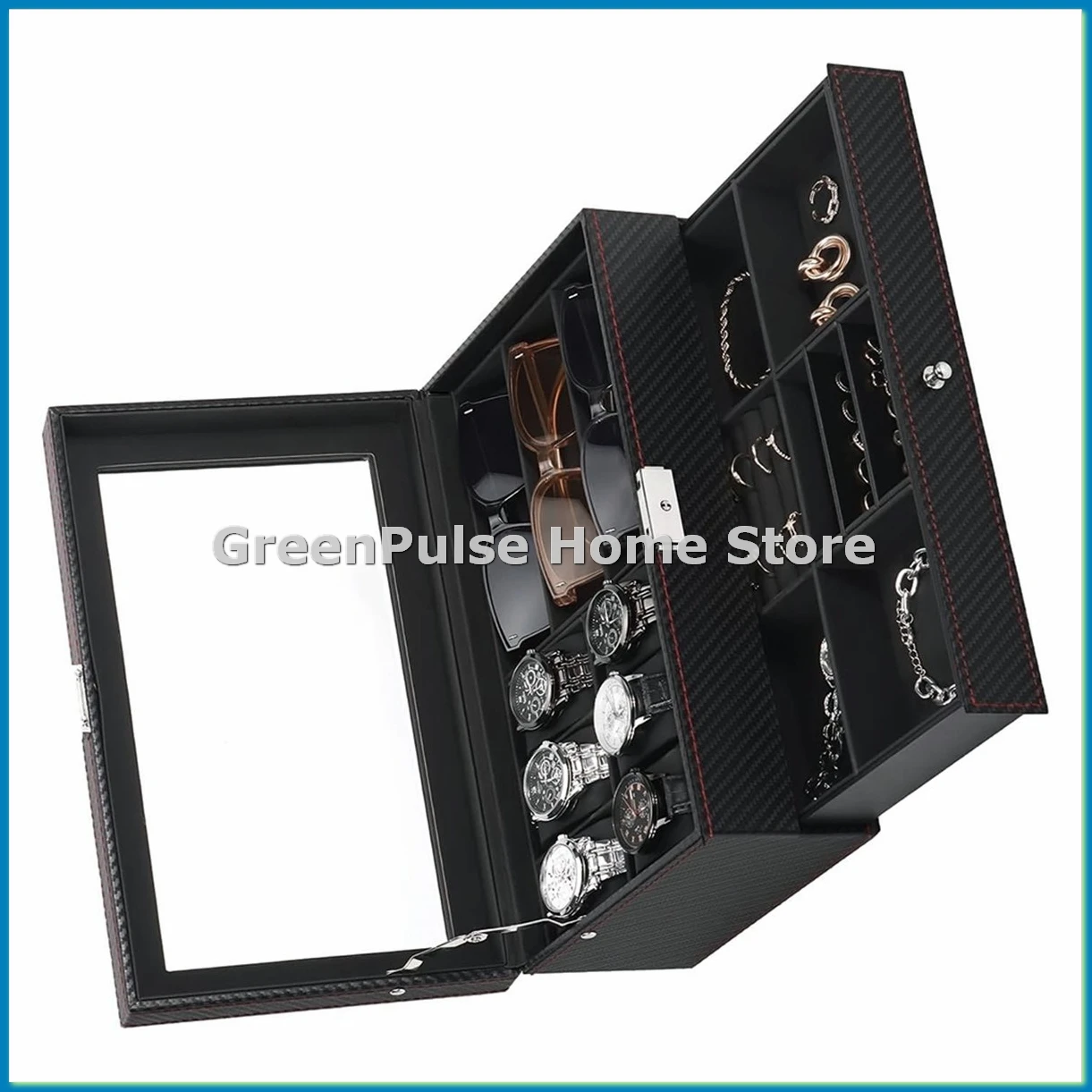 

Коробка для часов, мужская шкатулка для драгоценностей с 6-слотовым футляром для часов и органайзером для солнцезащитных очков с 3 слотами, 2-слойный запираемый держатель для часов-AT48