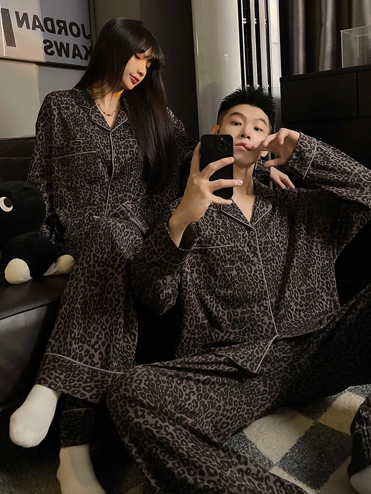 

DAIMELU couple leopard print pajamas women's spring and autumn sleepwear set men's thermal high-end long-sleeved loungewear suit