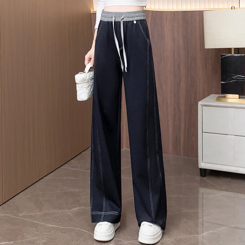 غير يتلاشى السراويل الدنيم المقاومة للتجاعيد مستقيم الساق للنساء، الخريف جديد الرباط مرونة عالية الخصر التخسيس ثنيات واسعة L #6