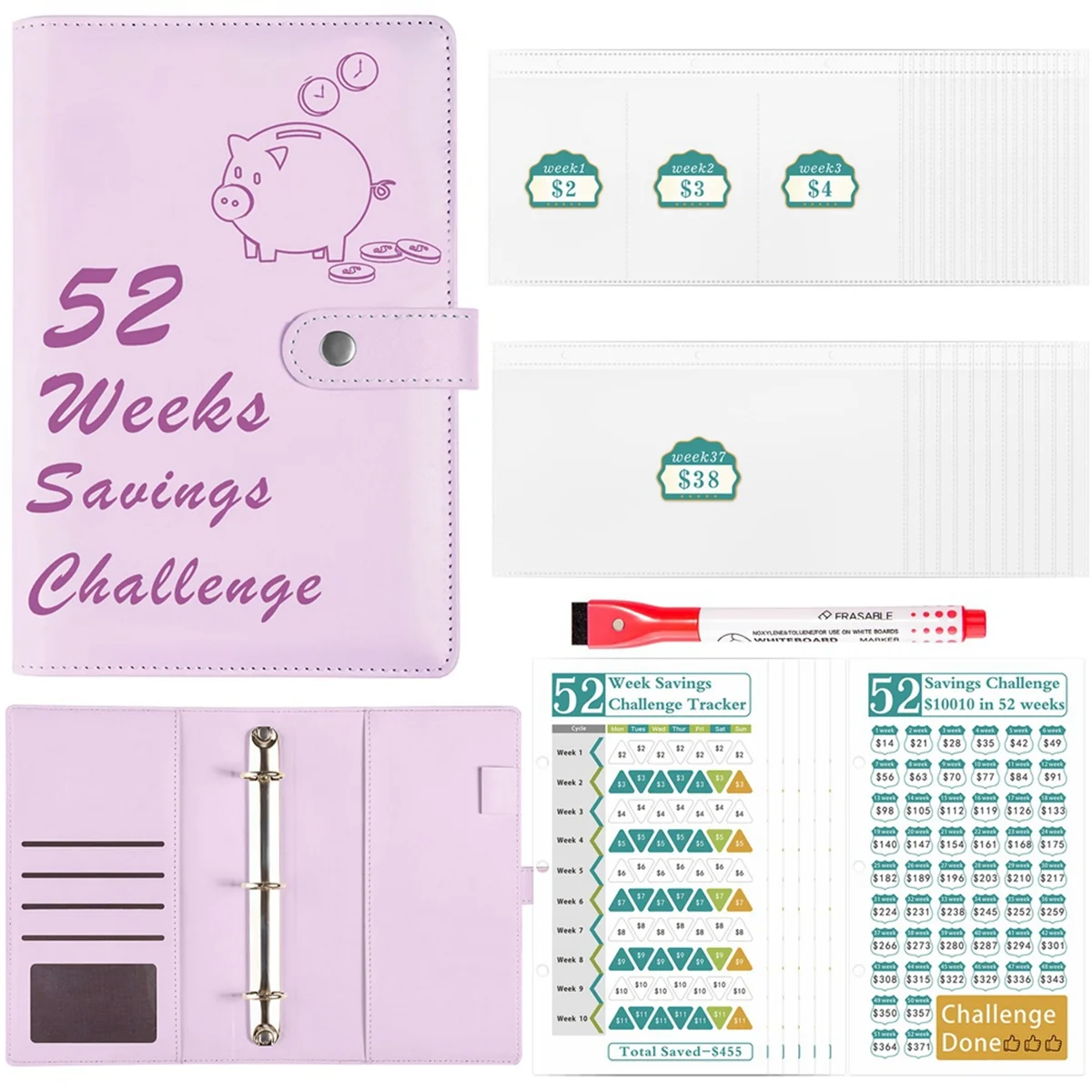 JUF-52 Week Money Saving Challenge Binder with Savings Challenges Book Cash Envelopes for Budget Planner Financial