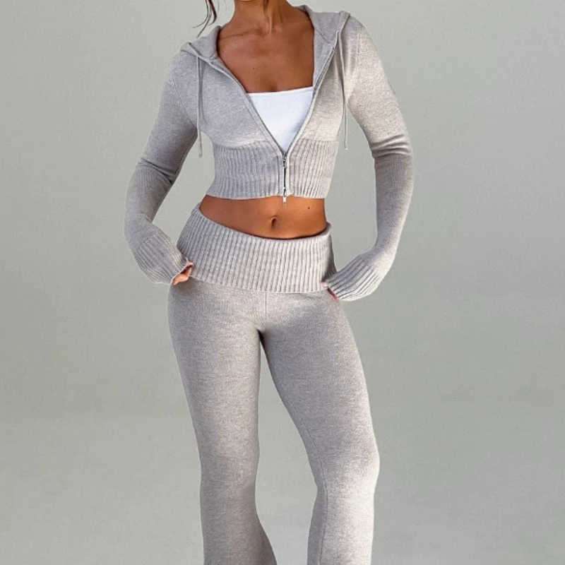 

Women Autumn Outfits Casual Zipper Sweater Hoodie Set High Waist Flare Pants Suits Knitted Womens Y2k Two Piece Set 2025