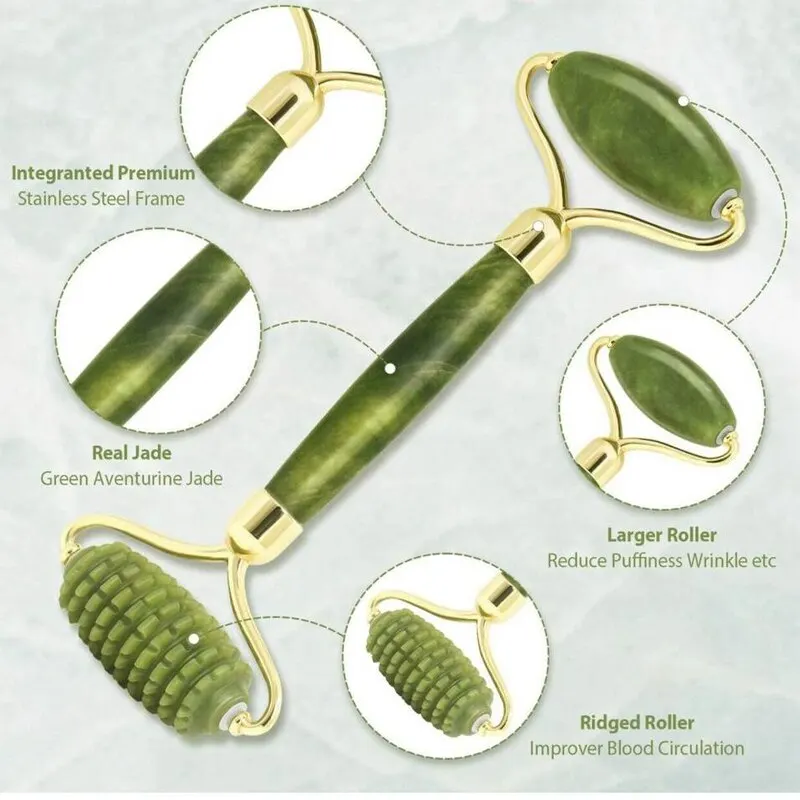 Green Natural Jade Stone Double Headed Multifunctional Massage Roller Gua Sha Scraping Tablet Beauty Massage Set