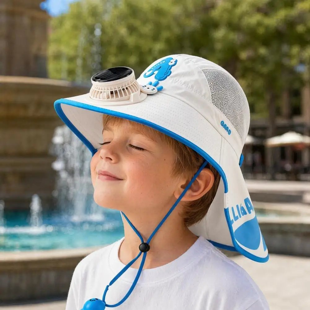 

Wide Brim Sun Hat with Solar Fan, Sun Protection Cooling Hat, Breathable Mesh Fabric Hat with Cartoon Pattern, Shawl Design