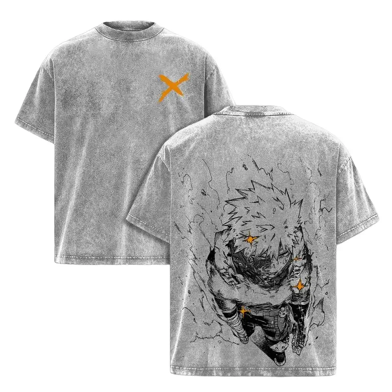 Vintage Washed My Hero Academia Bakugou Katsuki Manga T Shirt Y2k Streetwear For Men's Clothing Casual Loose Cotton Tees