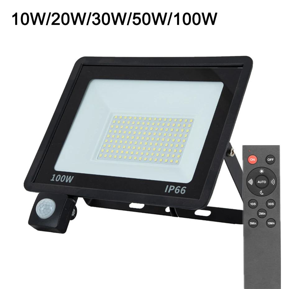 IR Remote Motion Sensor Led Floodlight Outdoor 220V 100W 50W 30W 20W 10W Flood Light Cold White IP66 Waterproof Spotlight Garden