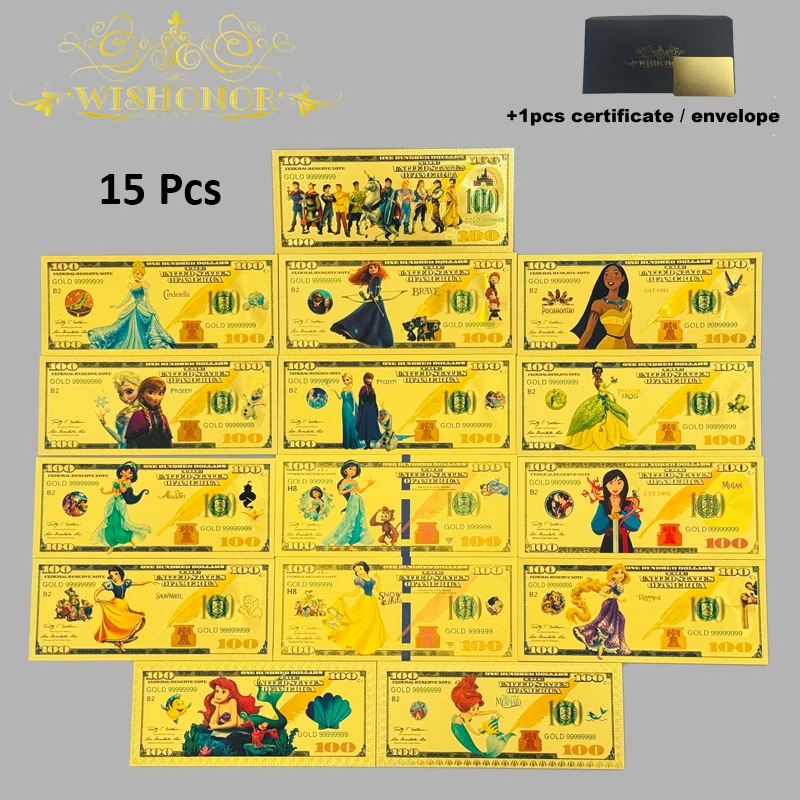 Miniso Disney 15 نوعًا من الأوراق النقدية الذهبية لـ Disney Princess Anime 100 دولار من الأوراق النقدية المزيفة للحرف الفنية للهدايا