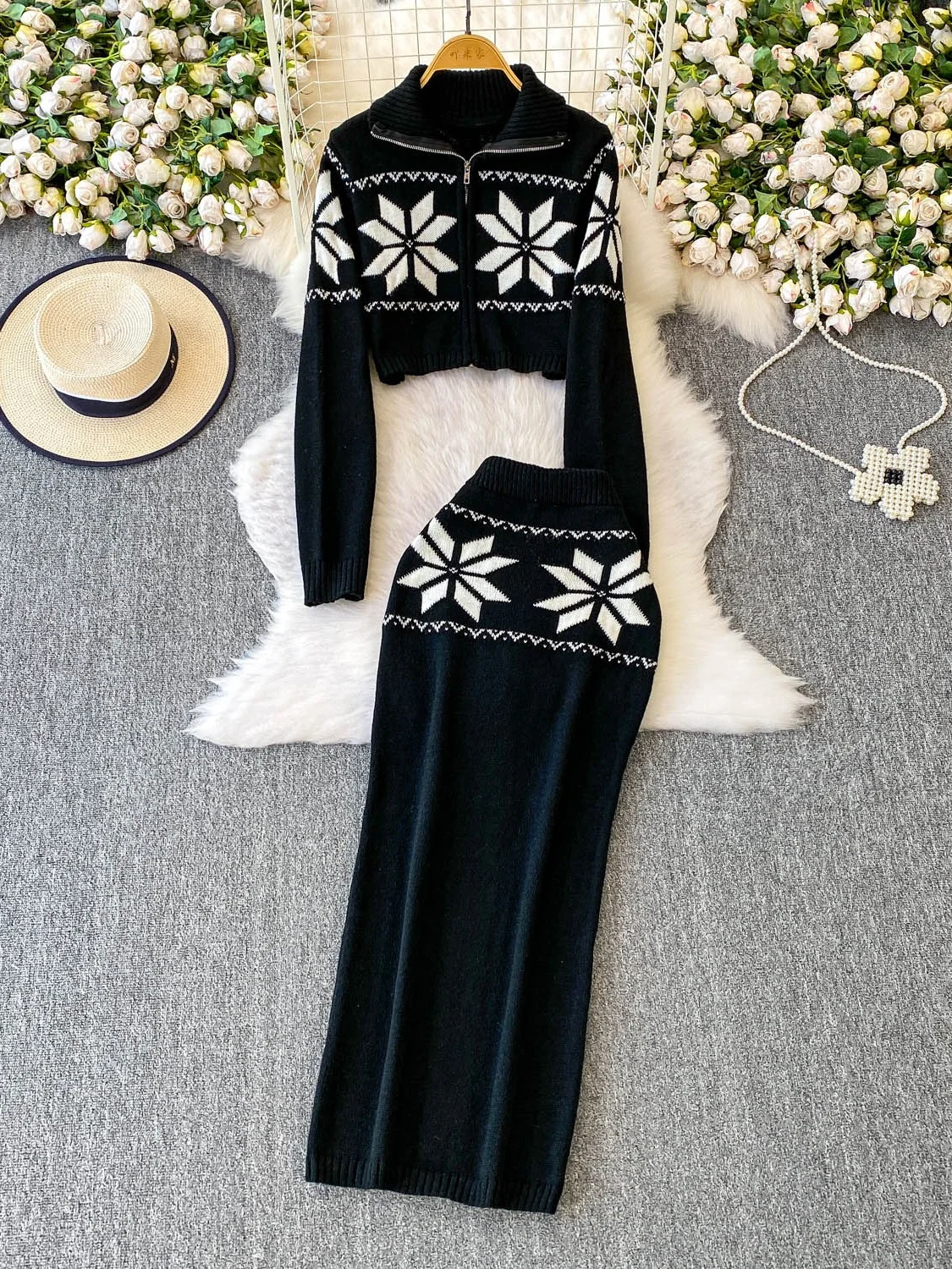 Ladies Faionable Winter Outfit Embroidered Knitted High Waist Slim Fit Split f Skirt Zipper Open Cardigan Ele Sle - Image 3