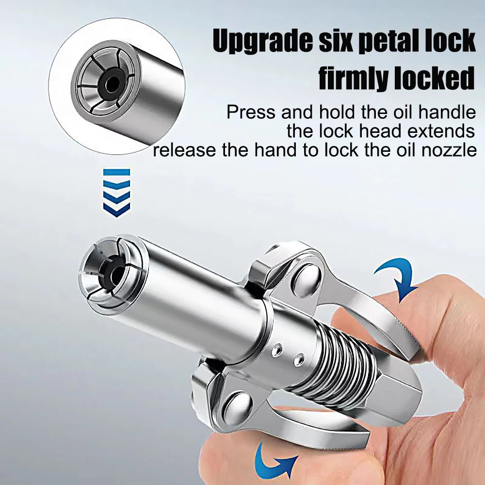 10000 PSI Grease Tool Coupler Heavy-Duty Quick Lock and Release Double Handle Stainless Steel NPTI/8 Leak-Free Grease Tool Tip