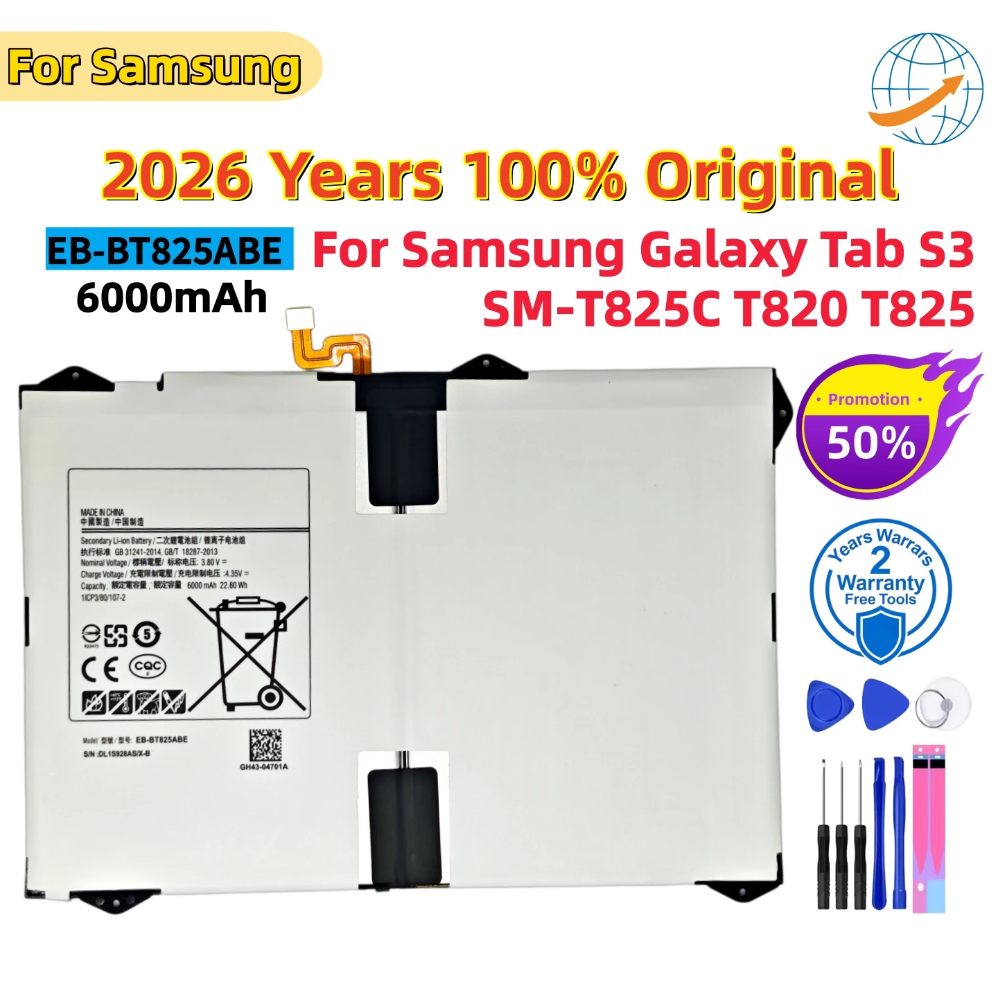 100% New EB-BT825ABE 6000mAh For Samsung Galaxy Tab S3 9.7 inch SM-T825C T820 T825 Tablet Replacement Battery+Tools