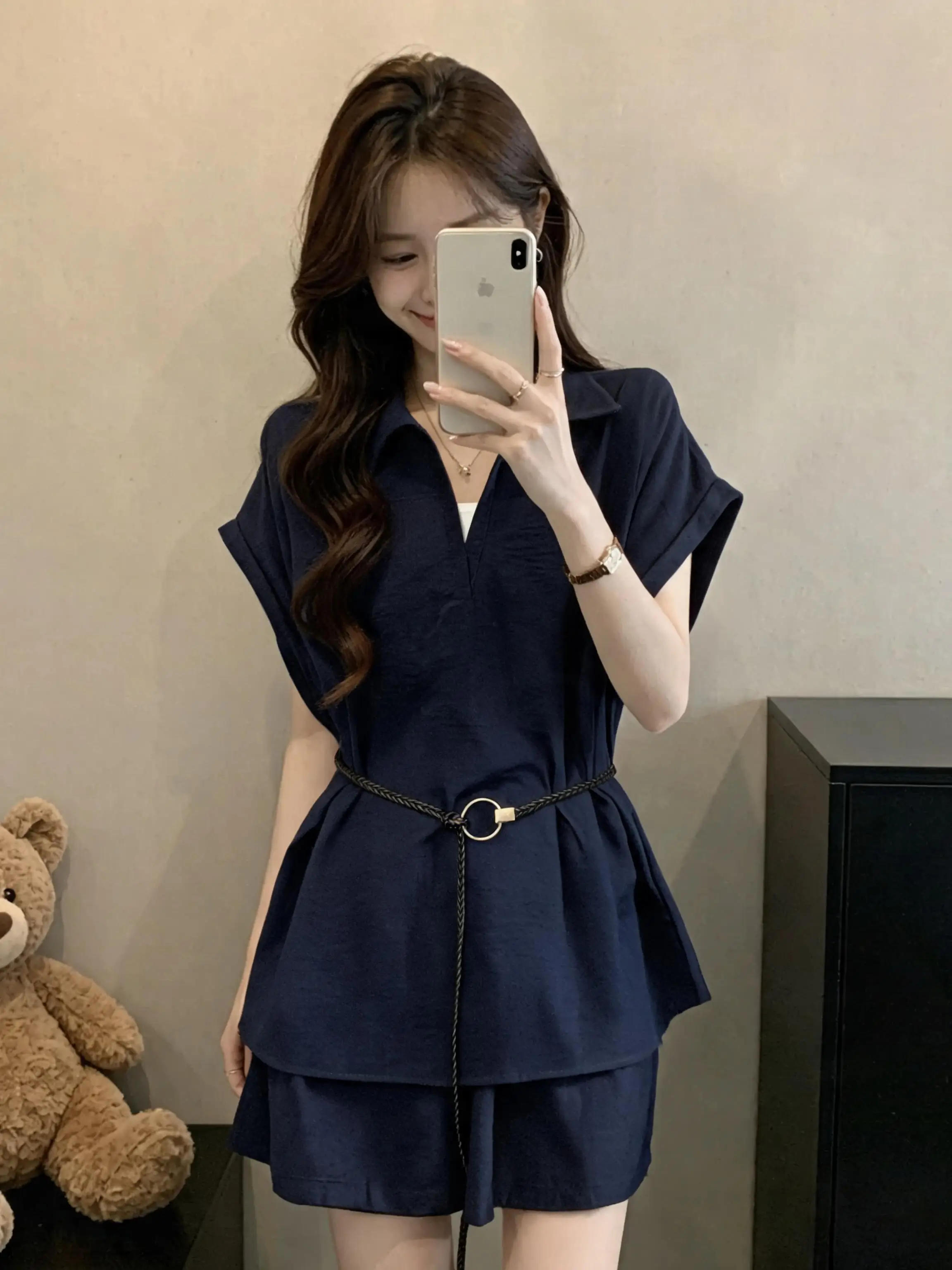 Slimming Effect plus Size Women's Summer Shirt Shorts Set High Waist Wide Leg Belted Short Sleeve V-Neck Breathable Casual Ou...