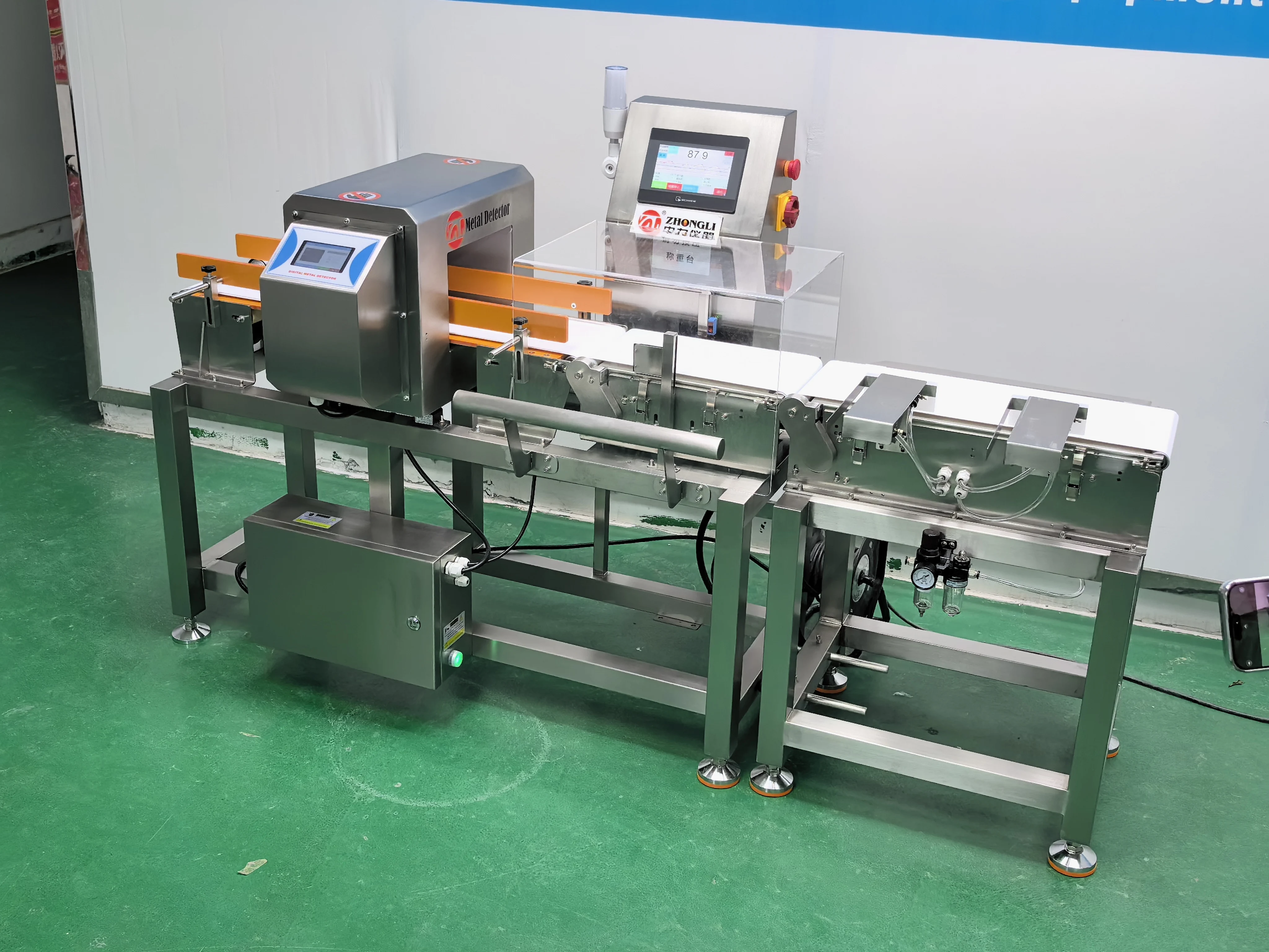 Metal detector automatico a nastro trasportatore e checkweigher per alimenti