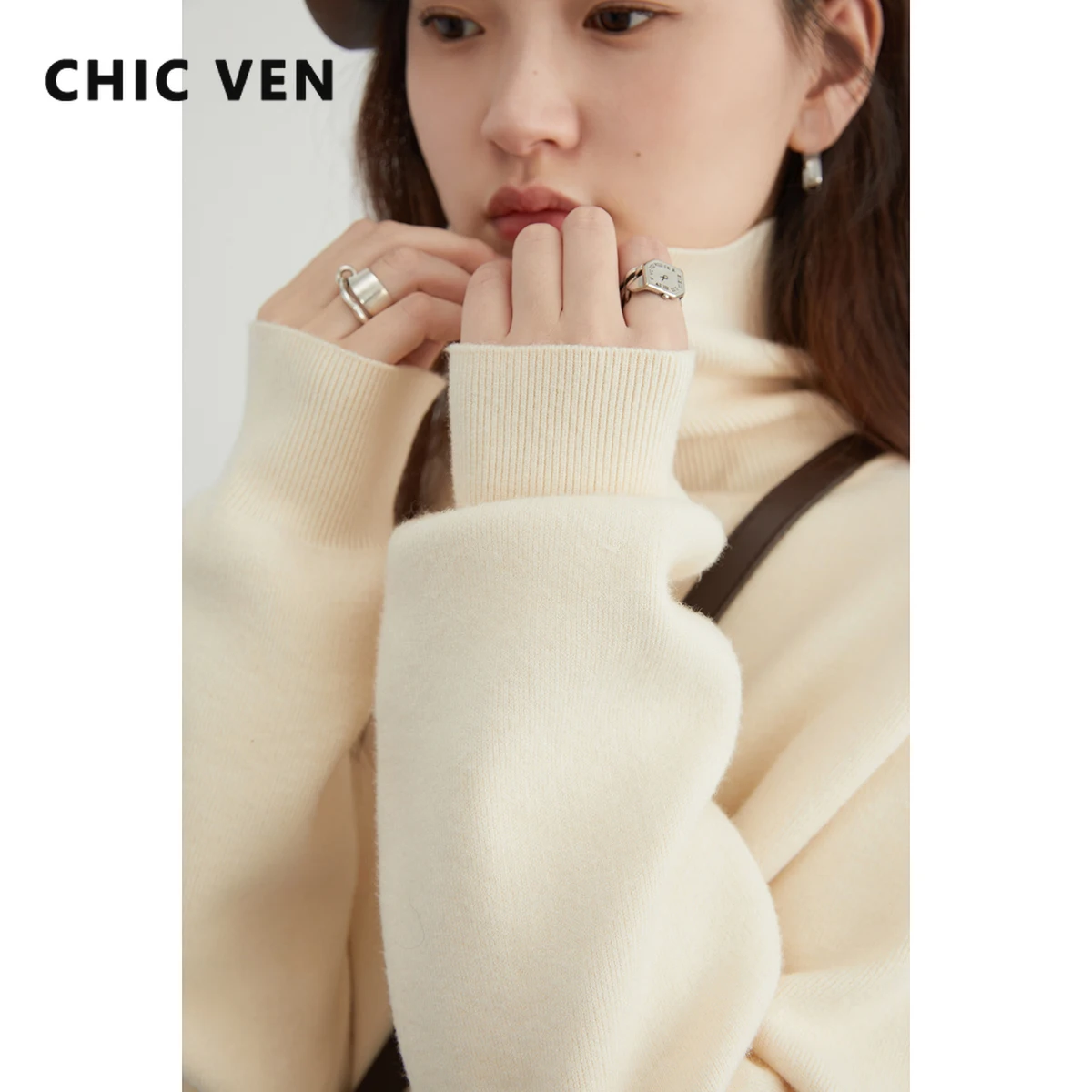 CHIC VEN Women Sweaters Long Sleeve Solid Turtleneck Basic Woman Jumpers Female Knitted Pullovers Tops Warm Autumn Winter 2023