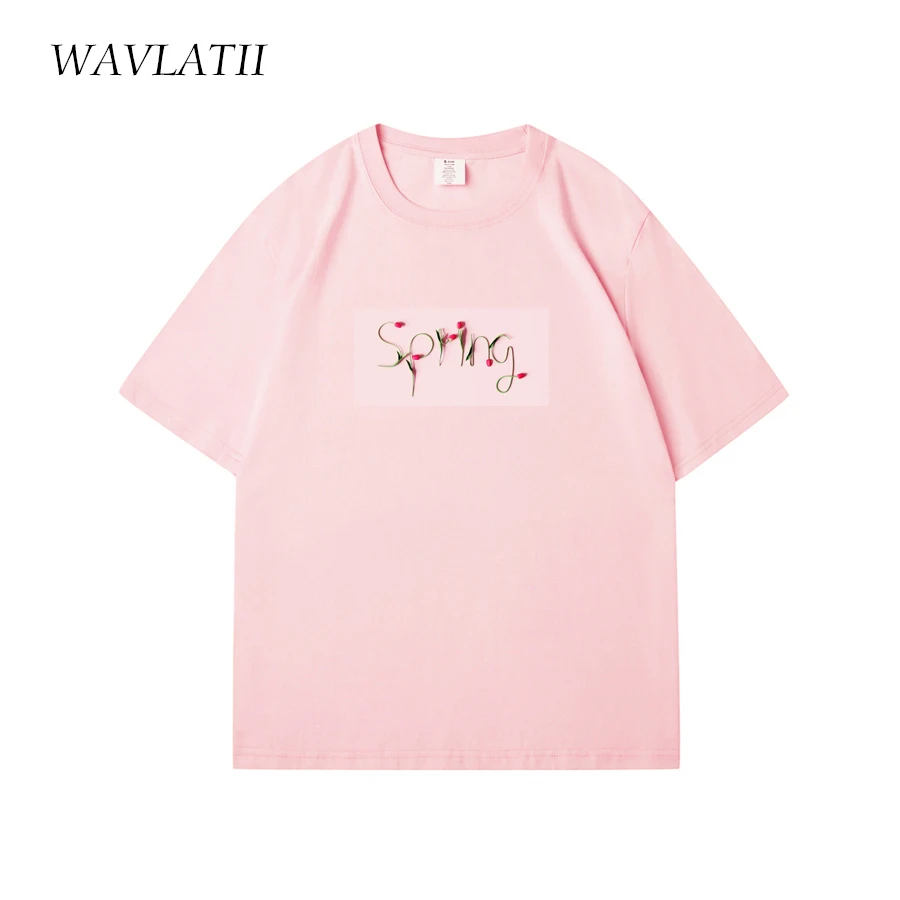 Wavlatii-女性用ベージュプリントTシャツ,綿100% の服,カジュアル,パープル,半袖トップス,レディース,夏,新品,wt2404