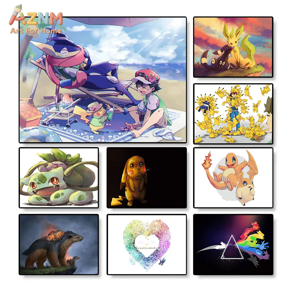 AZNM Arte de Parede em Tela de Anime Pokémon Ash Greninja Pikachu Bulbasaur Eevee Charizard Desenho Animado Impressão HD Pintura em Tela Sem Moldura para