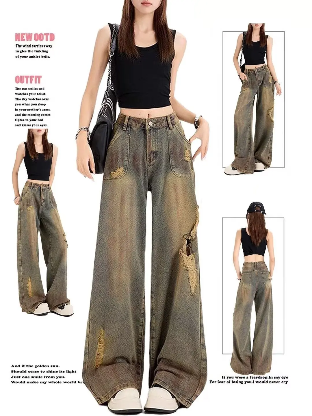 

Retro Style plus Size Women's Jeans High Waist Cotton Torn Wear Resistant Loose Wide Leg Pants Casual Spring Autumn New Model