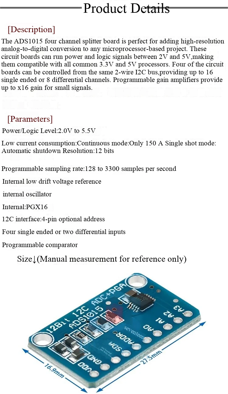 ADS1015 Ultra-kleines 12-Bit-Präzisions-Analog-Digital-Wandler (ADC) Entwicklungsboard-Modul – Detail 2