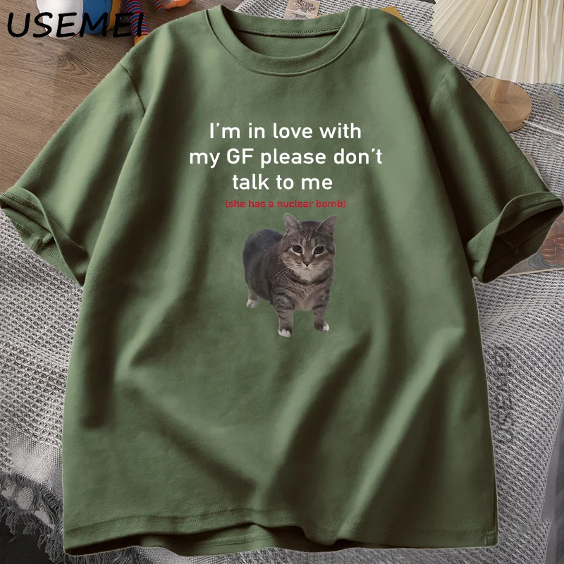 I'm in Love with My GF Funny Cat T-shirts Boyfriends Cotton Loose O-Neck Oversized Tee Men's Short Sleeve T-shirt Couple Tees view 4